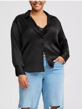 Torrid NWT Black Satin Button-Front  Shirt - 3X